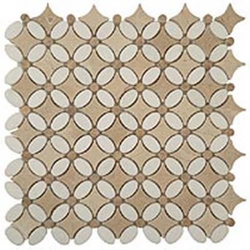 Flower Series in Thassos White(Oval)-Emp. Light (Dots)-Crema Marfil(Base) Glass Tile