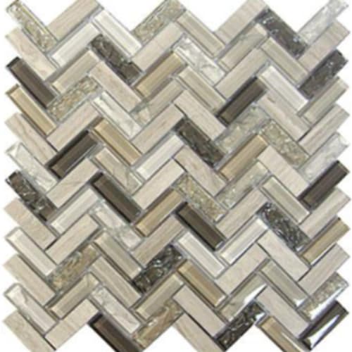 Stone, Glass & Crackle in Taupe Ice - Herringbone Mosaic Tile