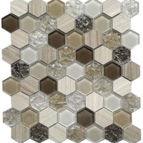 Stone, Glass & Crackle in Taupe Ice - 1.5x1.5 Hexagon Mosaic Tile