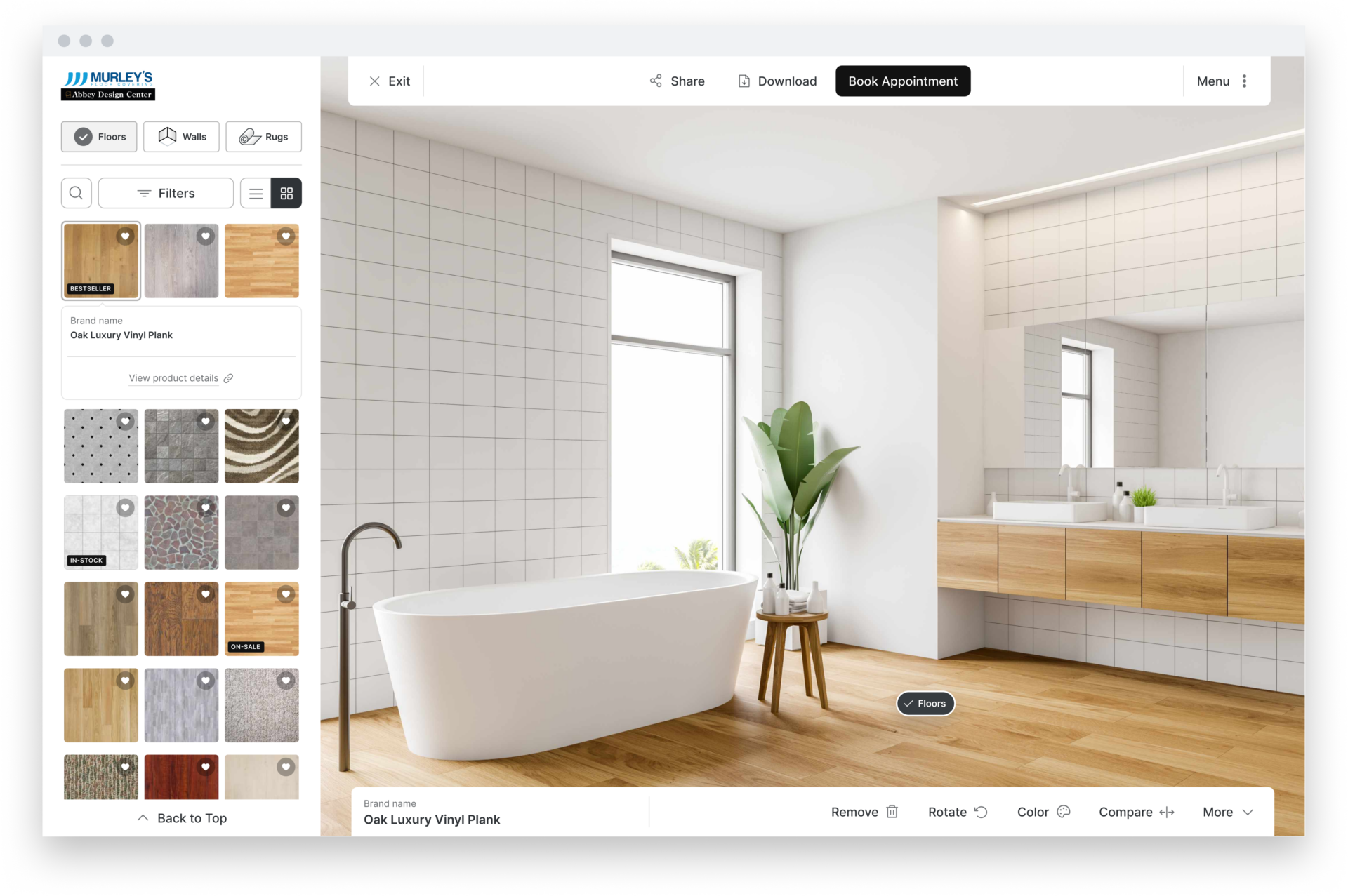 Roomvo flooring visualizer on desktop showing a bathroom with new wood flooring
