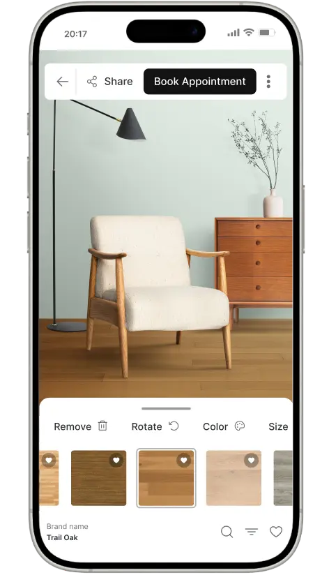 Roomvo visualizer on a phone showing a living room with new flooring
