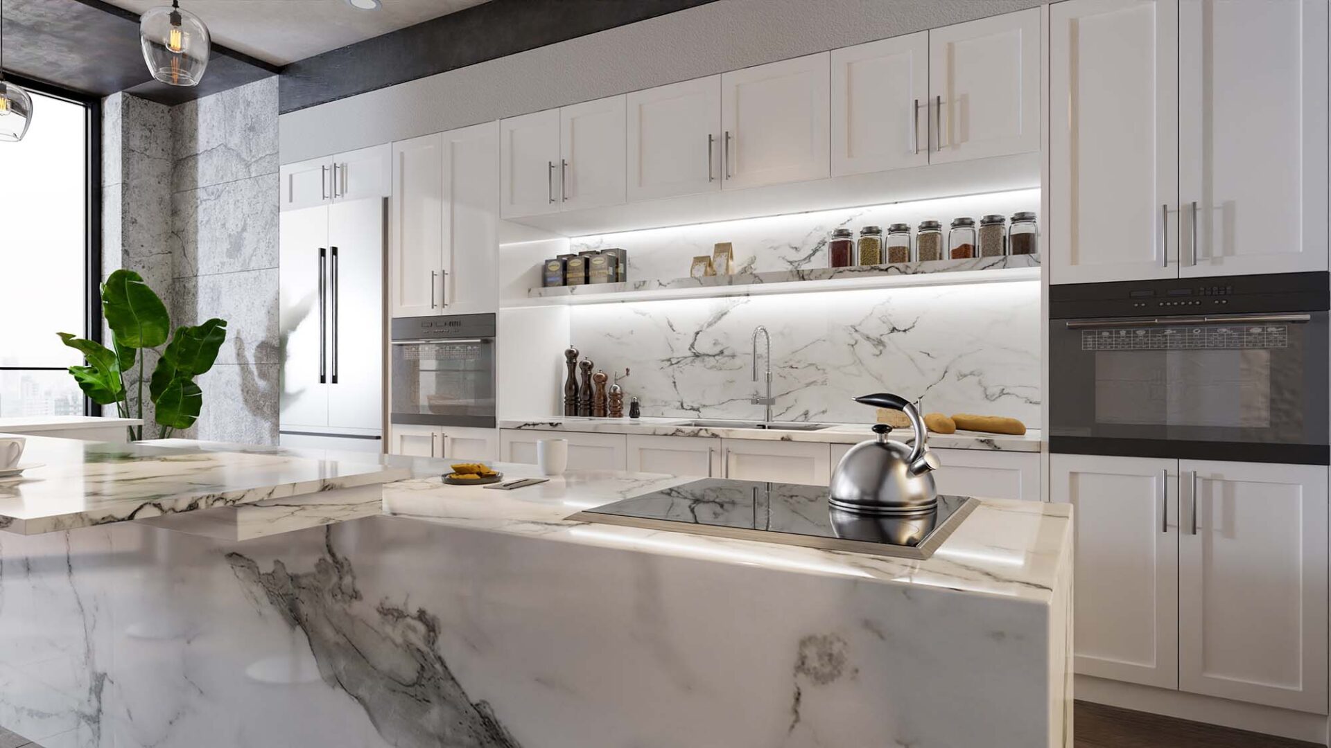 Marble countertops in a luxury kitchen