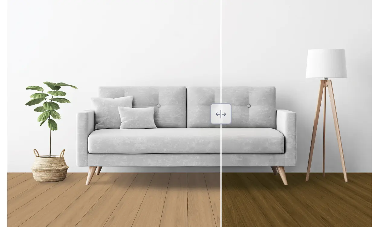 Living room shown before and after with new flooring from the visualizer
